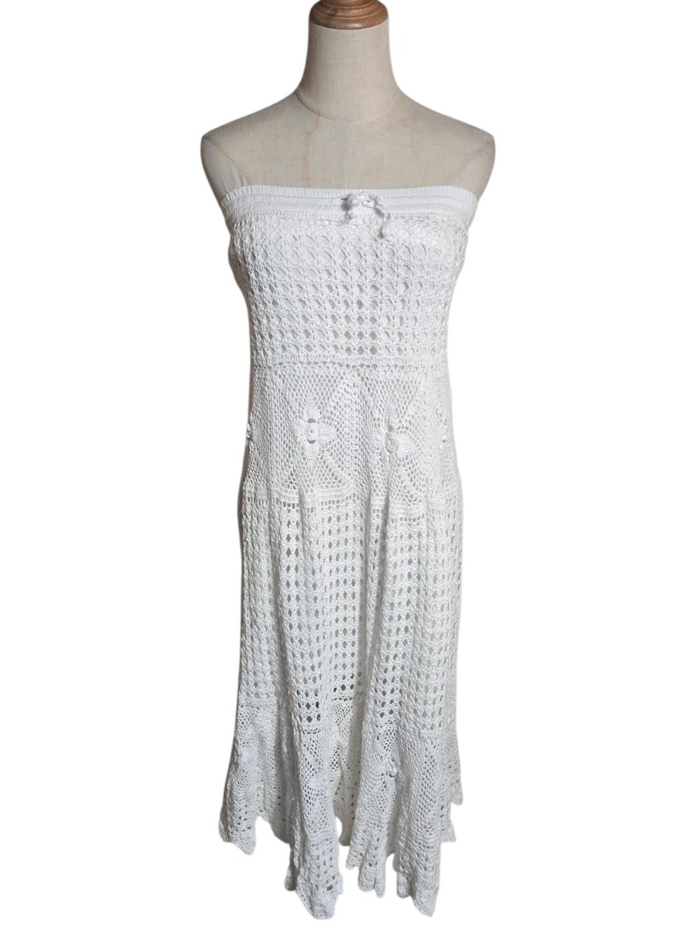 Boston Proper White Strapless Crochet Midi Dress